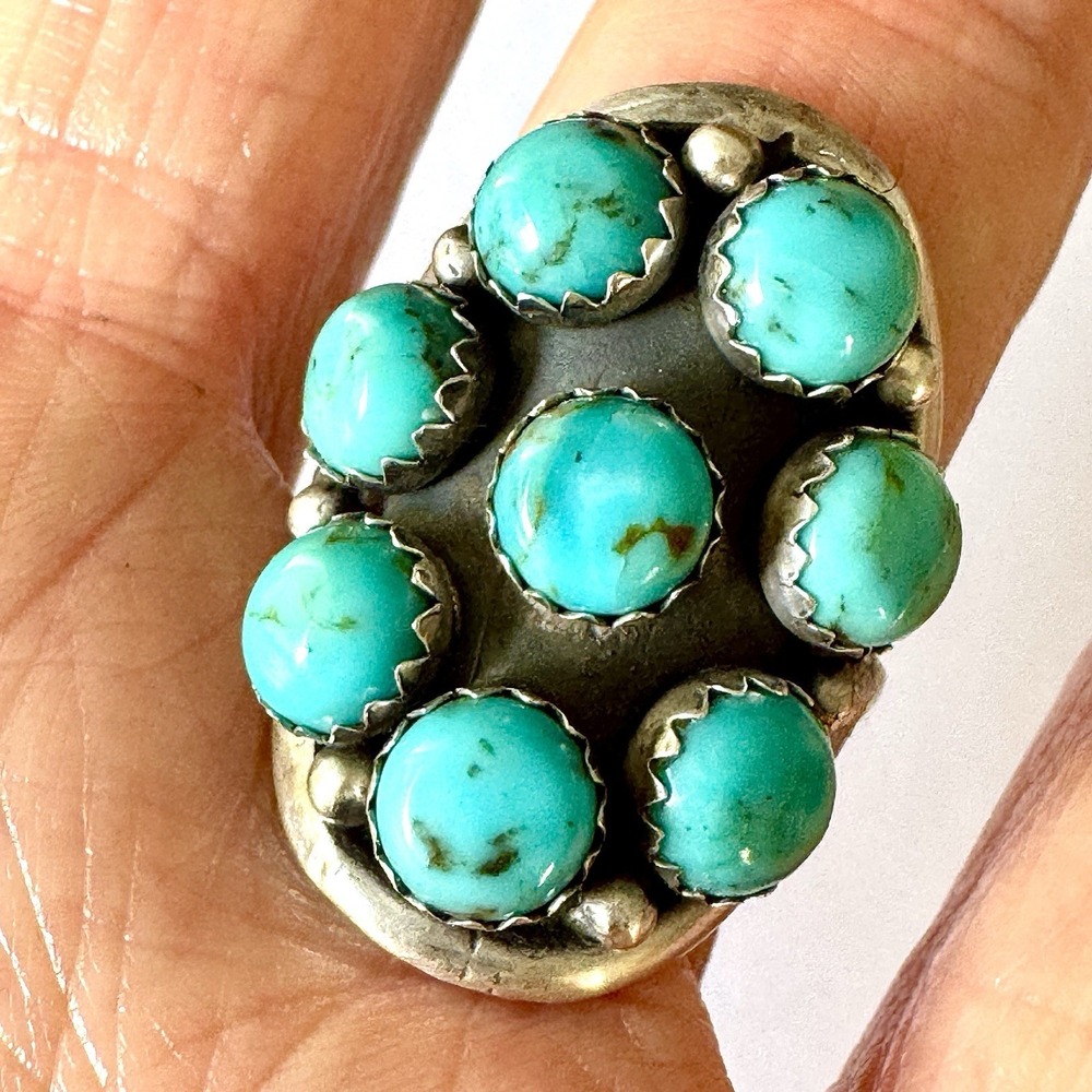 Navajo‎ Turquoise Cluster Ring Sz 7 Sterling Signed Perry Native Amer Saddle